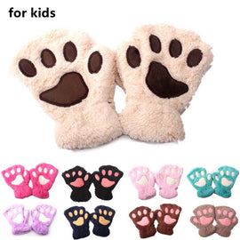 2019 Kids Bear Cat Claw Paw Mitten Winter Lovely Gloves Plush Fingerless Glovers Working Safety Warm Short Finger Half Gloves