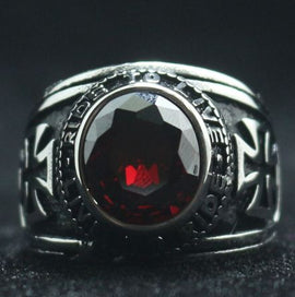 Rider Motorcycle Style Unisex 316L Stainless Steel Cool Ride To Live, Live To Live Cross Red Stone Classic Biker Ring